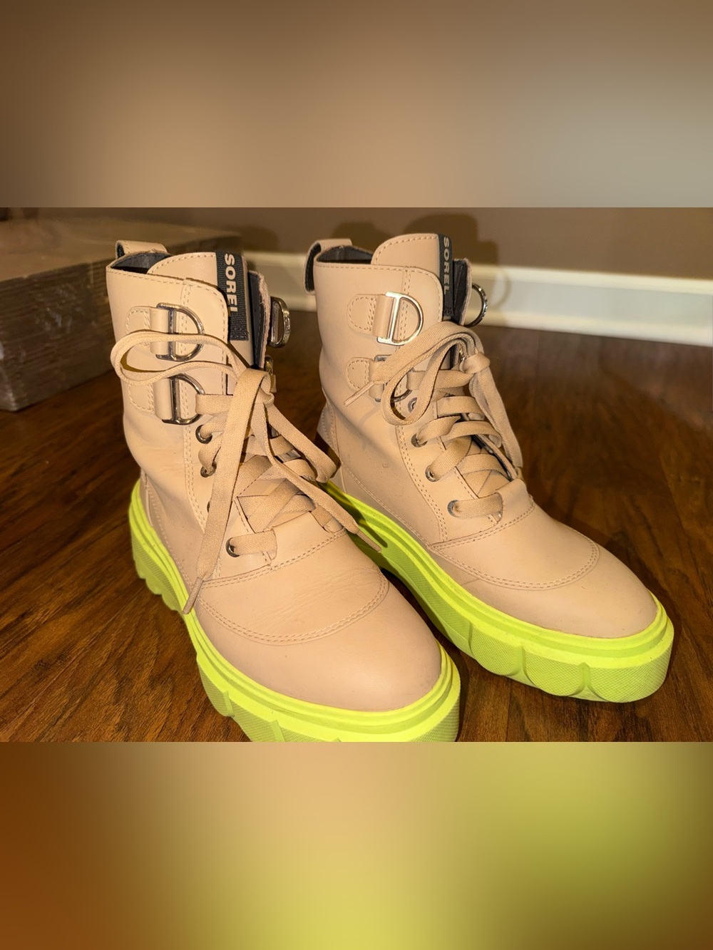 Sorel Beige Leather Lace-Up Boots with Neon Yellow Platform